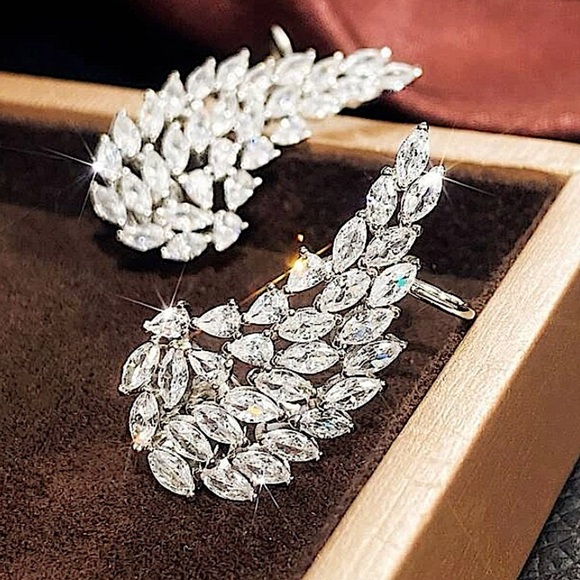 Silver Cubic Zircon Leaf Angel Wing Cuff Earrings - Picture 2 of 8